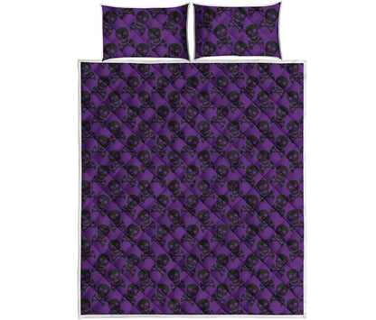 Purple And Black Halloween Skull Print Quilt Bed Set