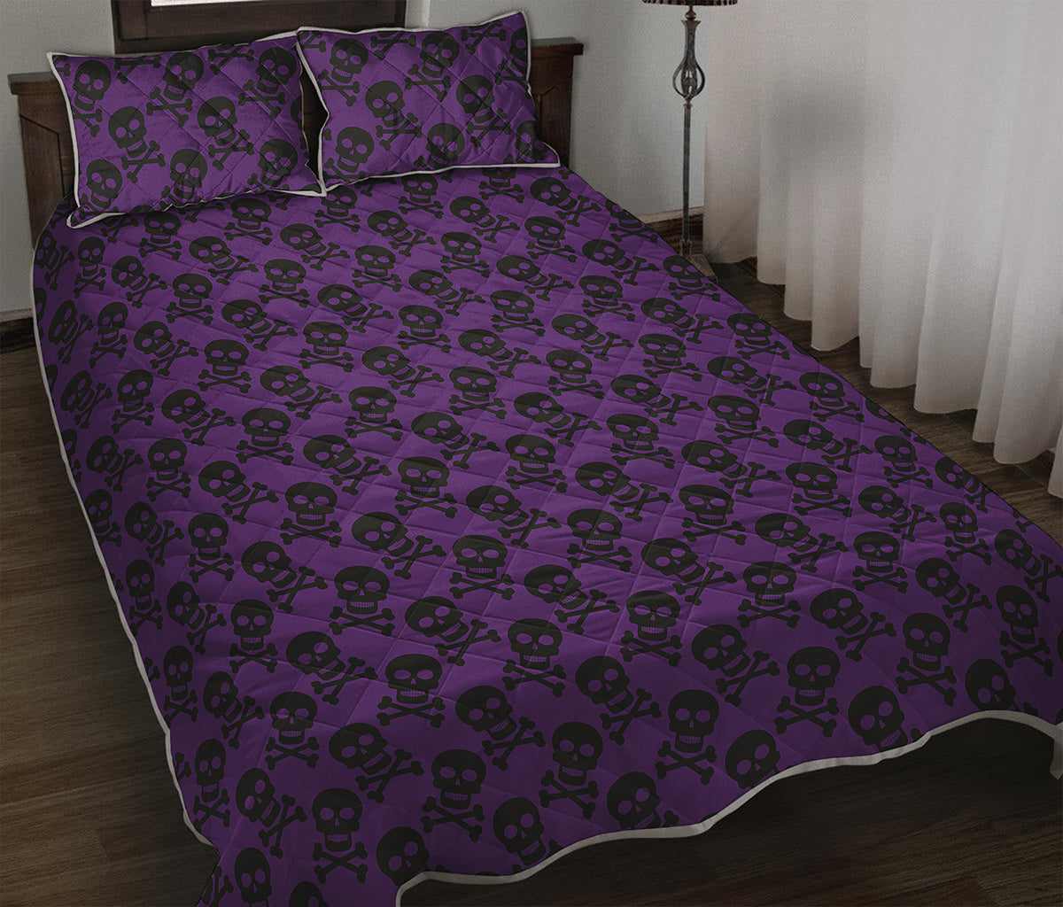 Purple And Black Halloween Skull Print Quilt Bed Set