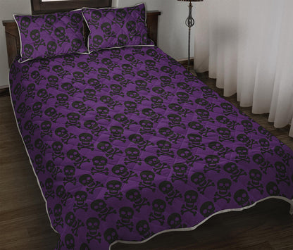 Purple And Black Halloween Skull Print Quilt Bed Set