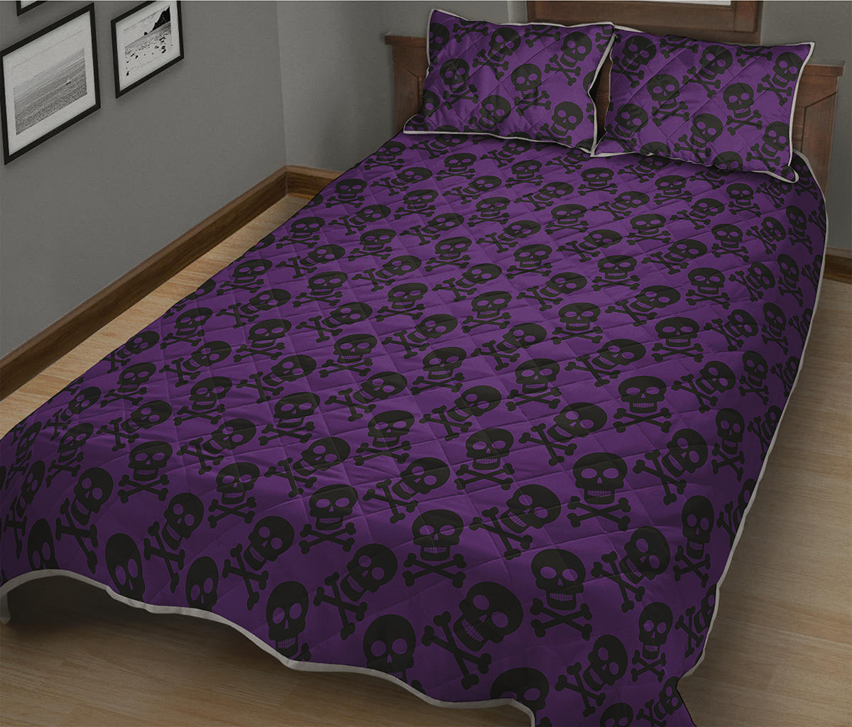 Purple And Black Halloween Skull Print Quilt Bed Set