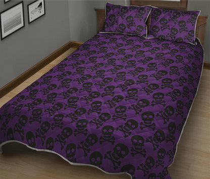 Purple And Black Halloween Skull Print Quilt Bed Set
