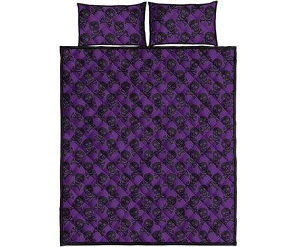 Purple And Black Halloween Skull Print Quilt Bed Set