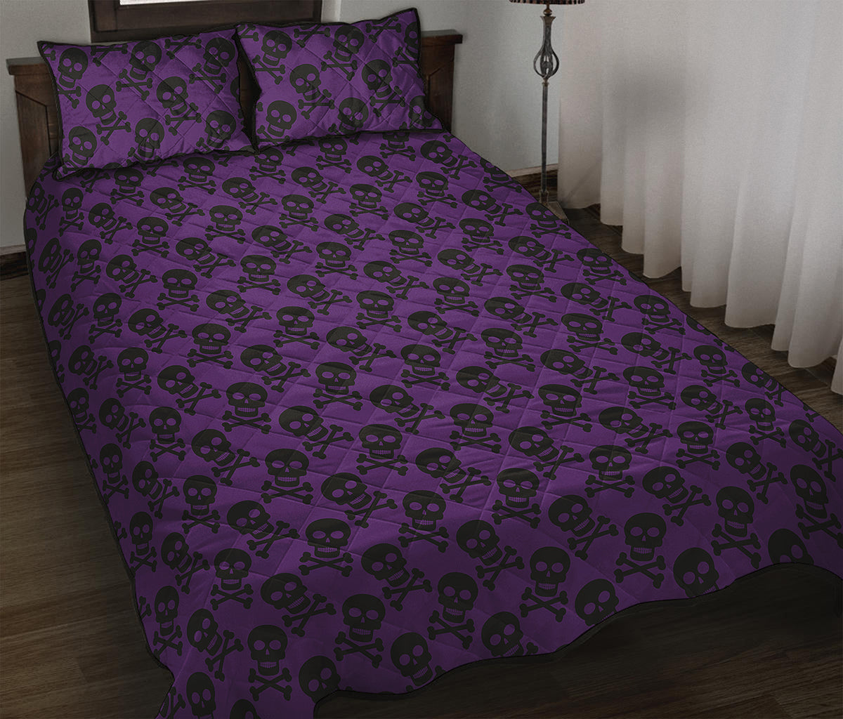 Purple And Black Halloween Skull Print Quilt Bed Set
