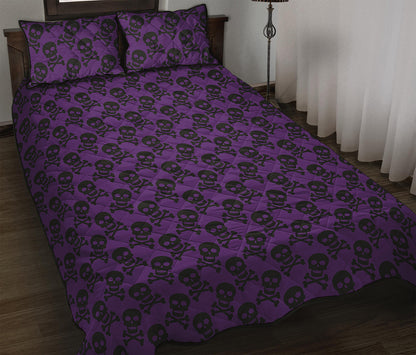 Purple And Black Halloween Skull Print Quilt Bed Set