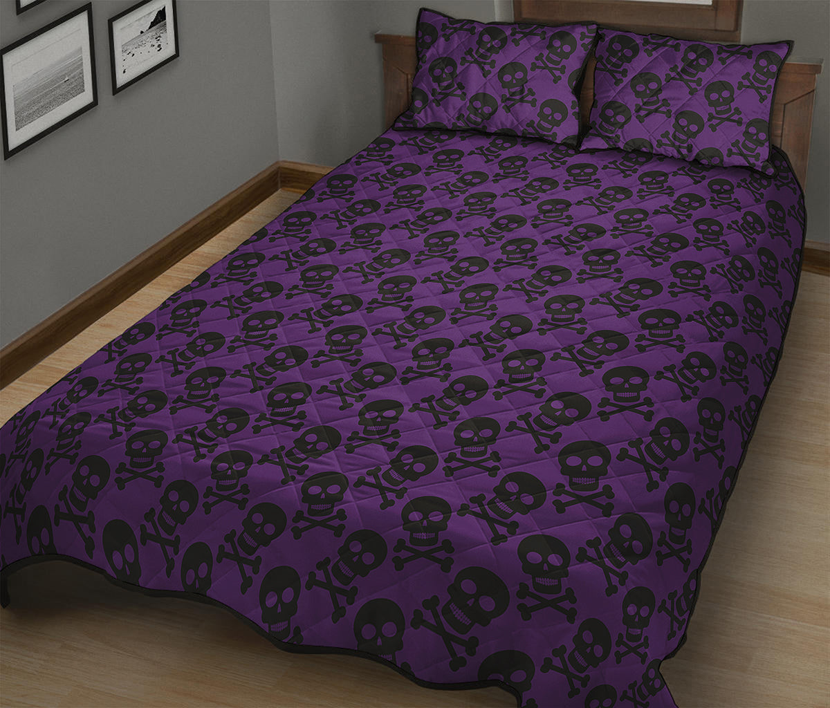 Purple And Black Halloween Skull Print Quilt Bed Set