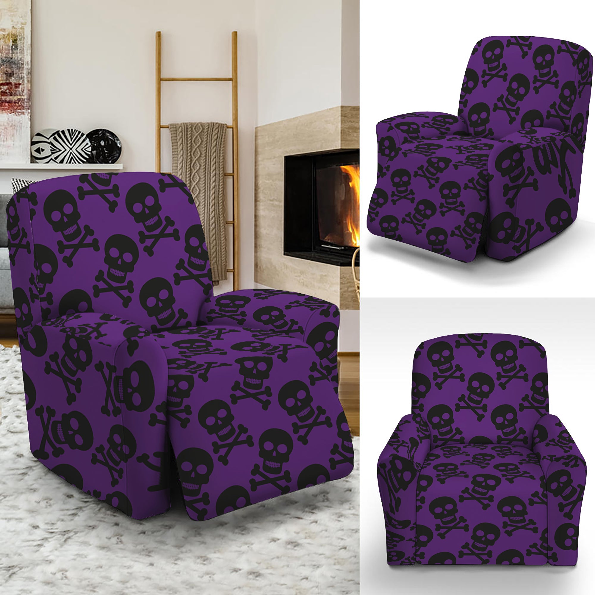 Purple And Black Halloween Skull Print Recliner Slipcover