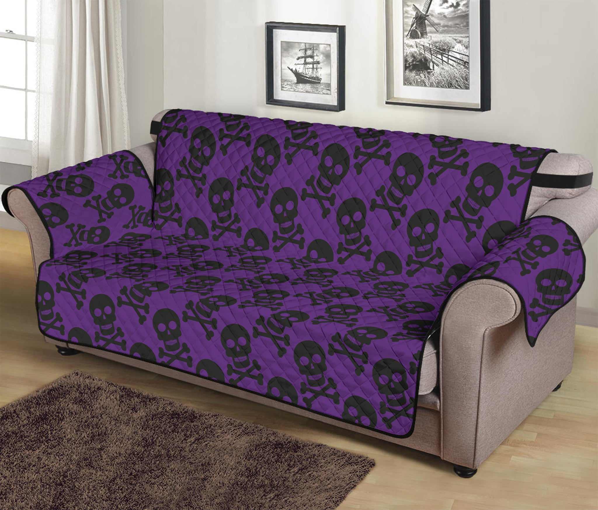 Purple And Black Halloween Skull Print Sofa Protector