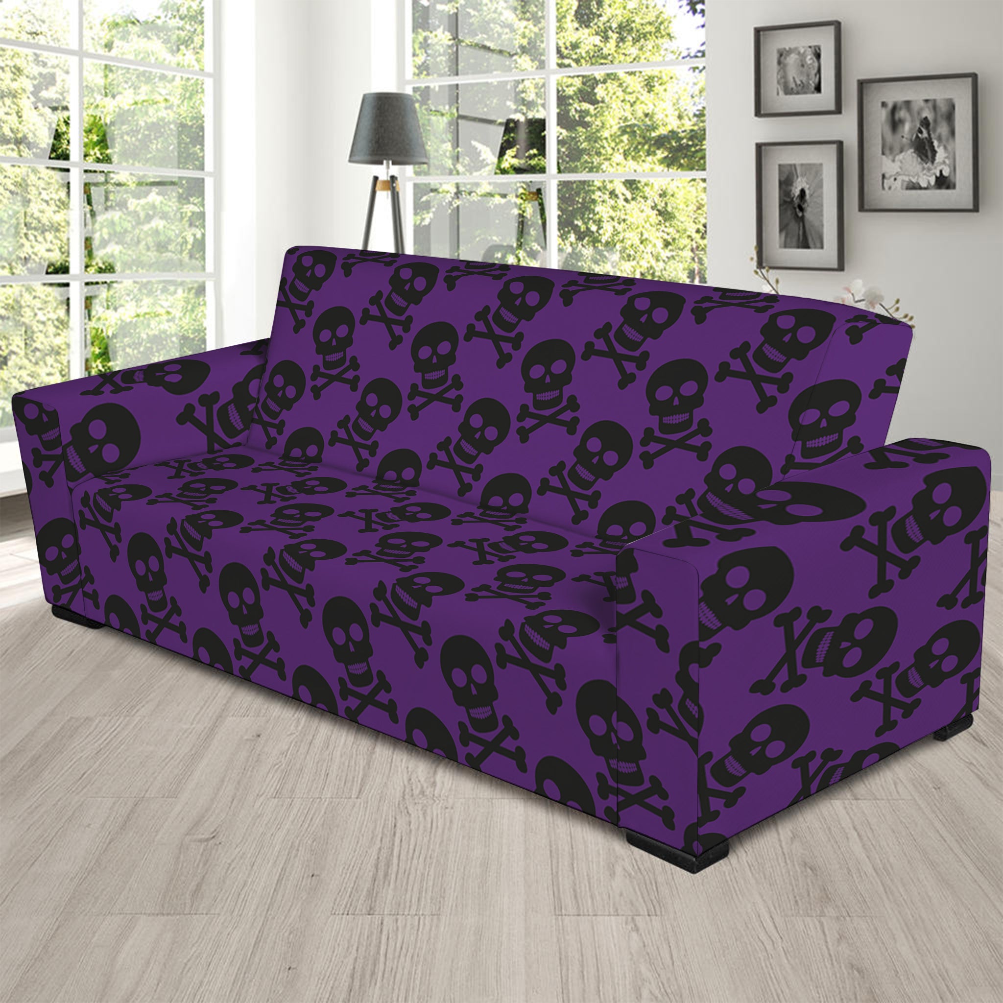 Purple And Black Halloween Skull Print Sofa Slipcover