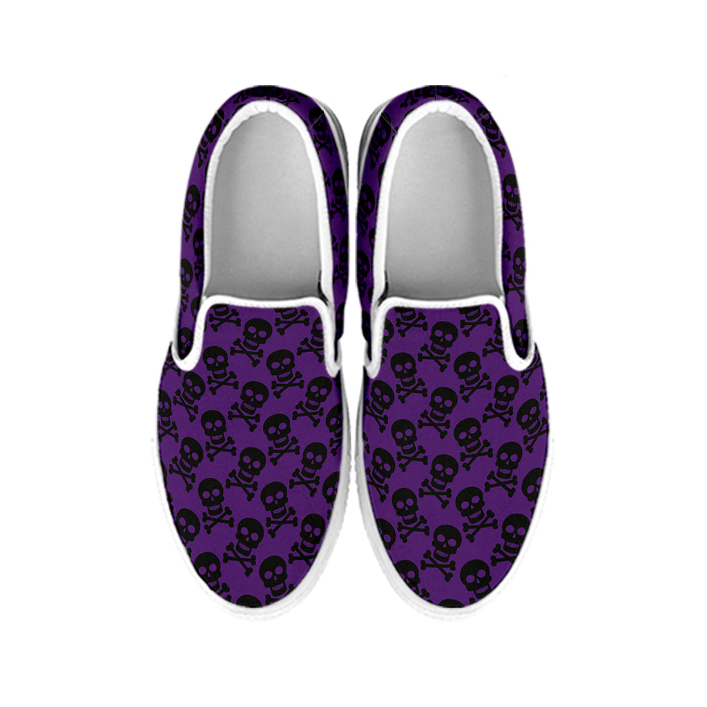 Purple And Black Halloween Skull Print White Slip On Shoes