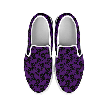 Purple And Black Halloween Skull Print White Slip On Shoes