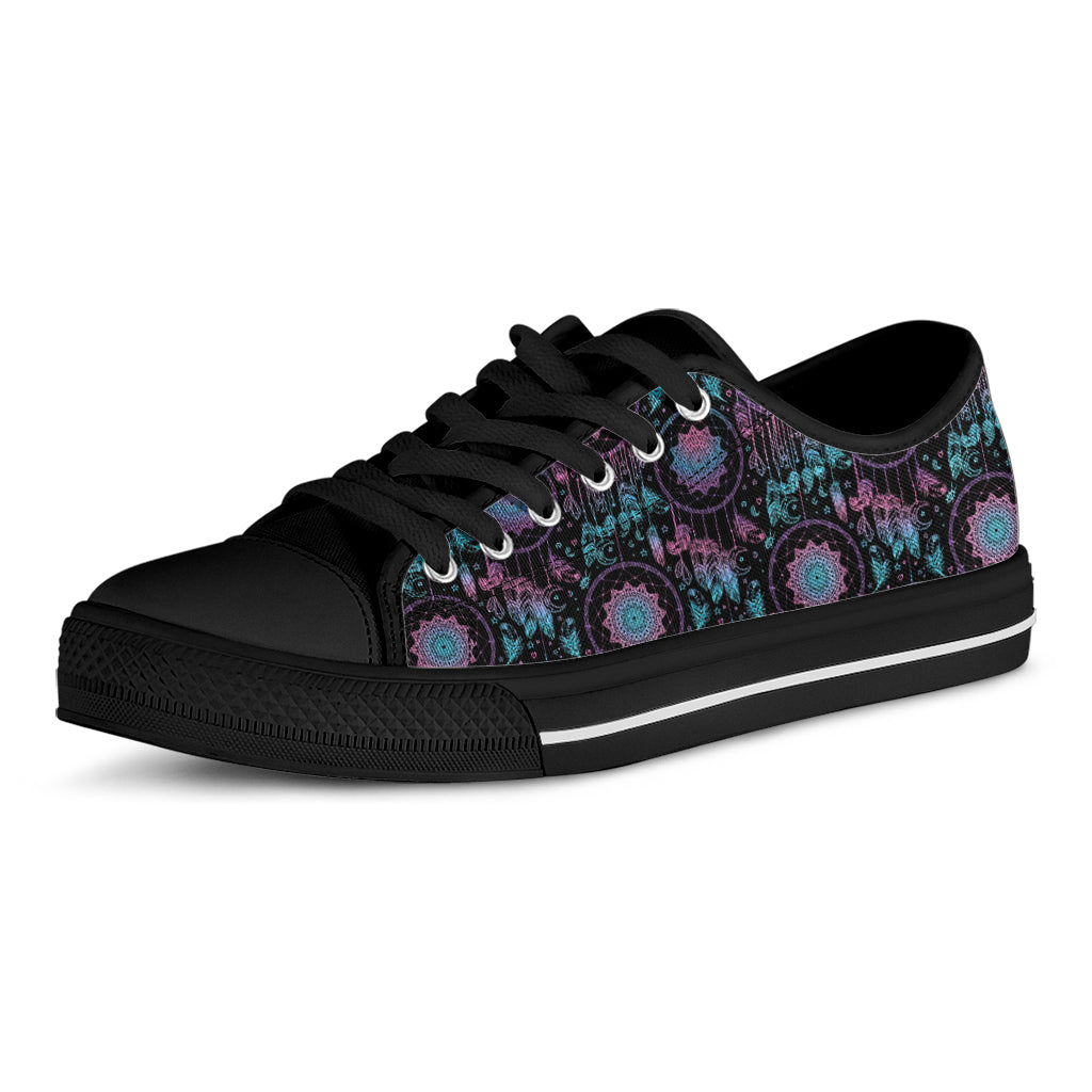 Purple And Blue Dream Catcher Print Black Low Top Shoes