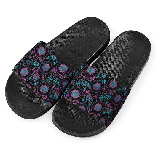 Purple And Blue Dream Catcher Print Black Slide Sandals