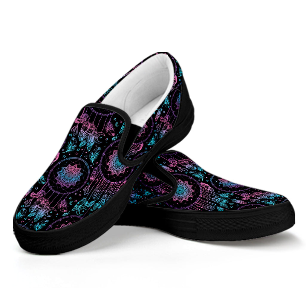 Purple And Blue Dream Catcher Print Black Slip On Shoes