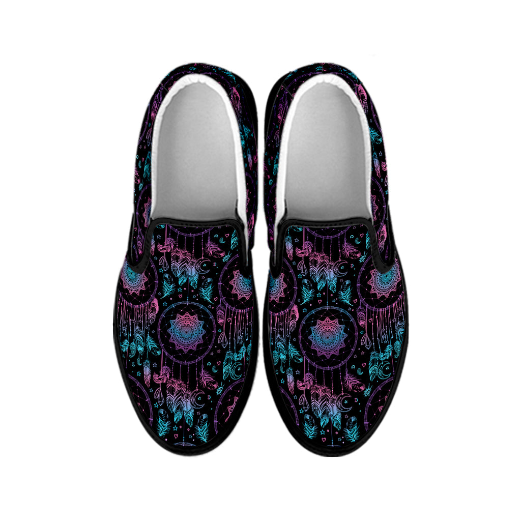 Purple And Blue Dream Catcher Print Black Slip On Shoes