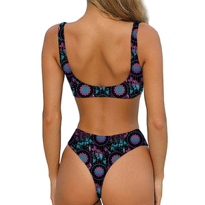 Purple And Blue Dream Catcher Print Front Bow Tie Bikini