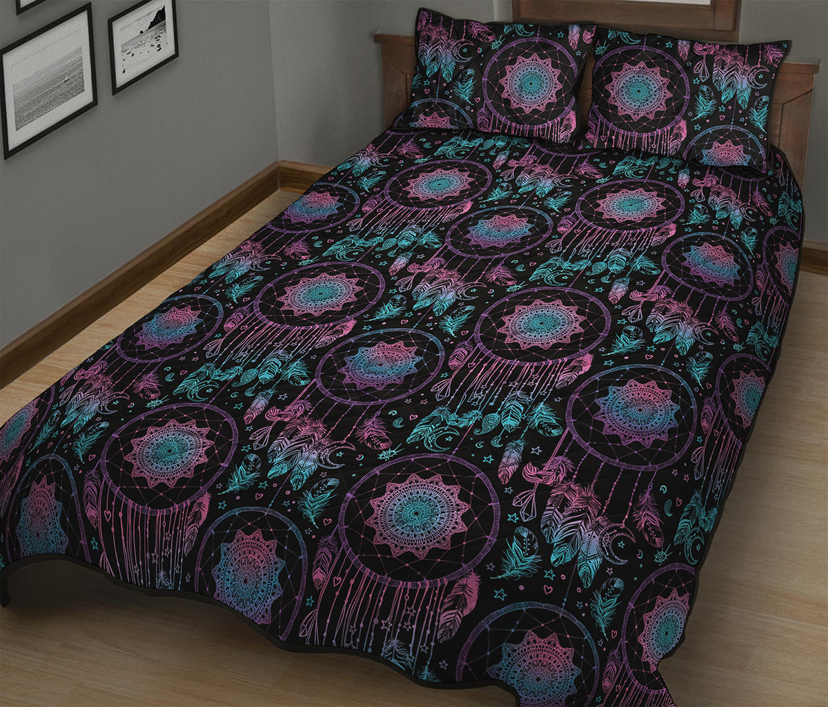 Purple And Blue Dream Catcher Print Quilt Bed Set