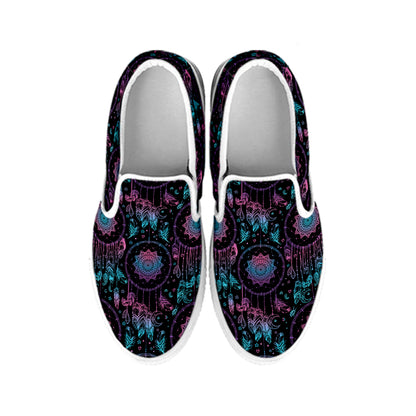 Purple And Blue Dream Catcher Print White Slip On Shoes
