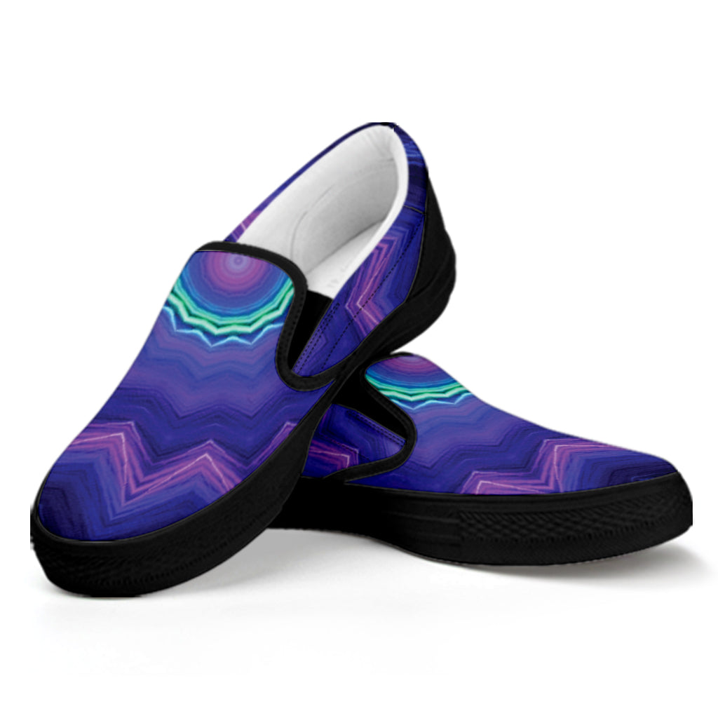 Purple And Blue Kaleidoscope Print Black Slip On Shoes