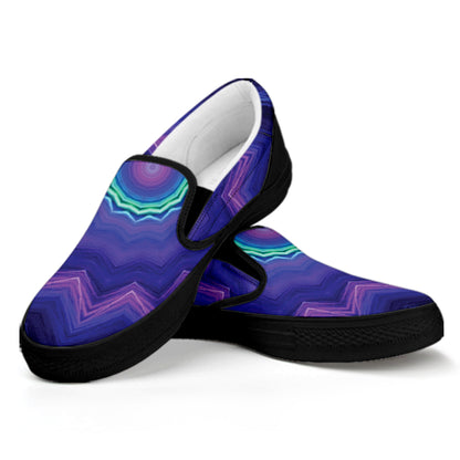 Purple And Blue Kaleidoscope Print Black Slip On Shoes
