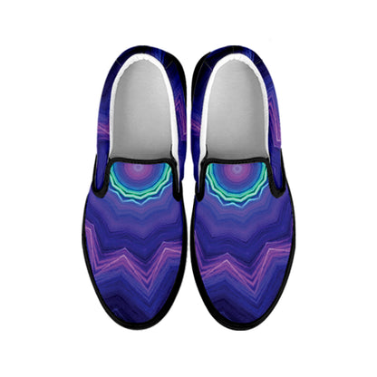 Purple And Blue Kaleidoscope Print Black Slip On Shoes