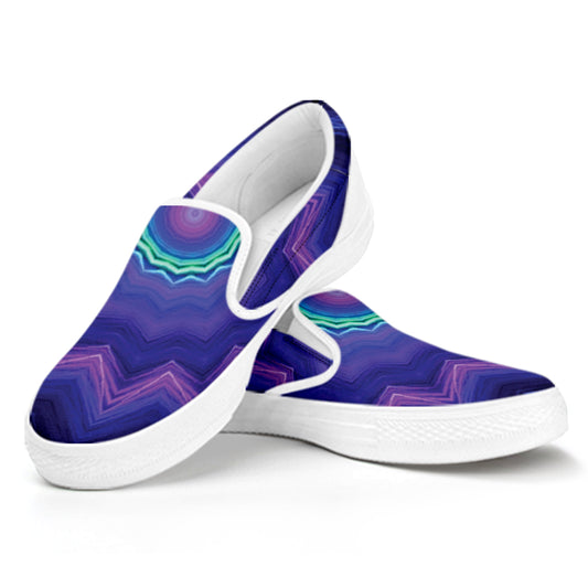 Purple And Blue Kaleidoscope Print White Slip On Shoes