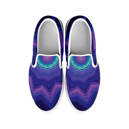 Purple And Blue Kaleidoscope Print White Slip On Shoes