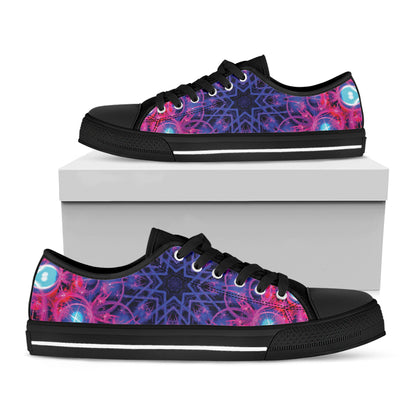 Purple And Blue Light Mandala Print Black Low Top Shoes