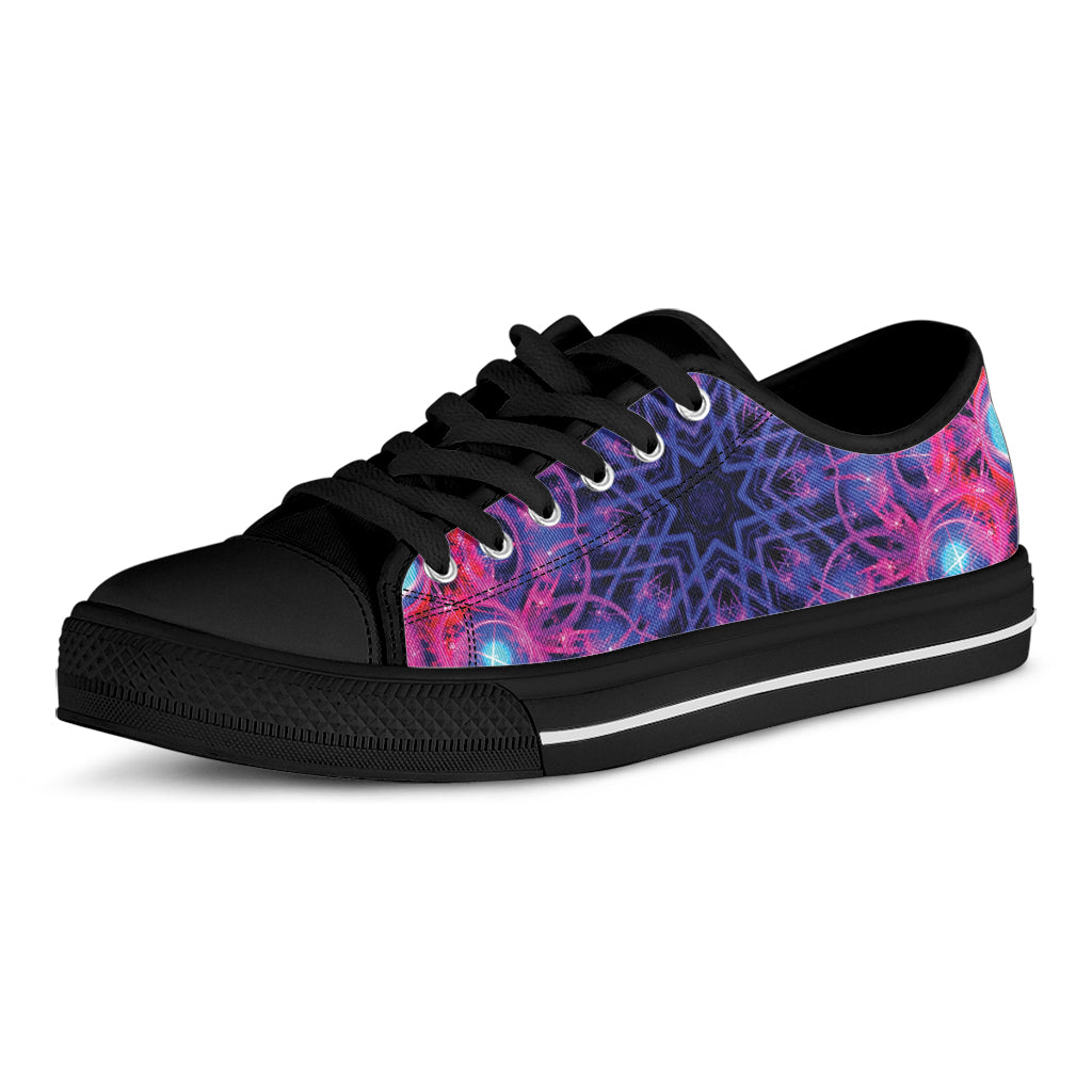 Purple And Blue Light Mandala Print Black Low Top Shoes