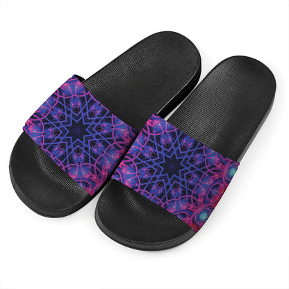 Purple And Blue Light Mandala Print Black Slide Sandals