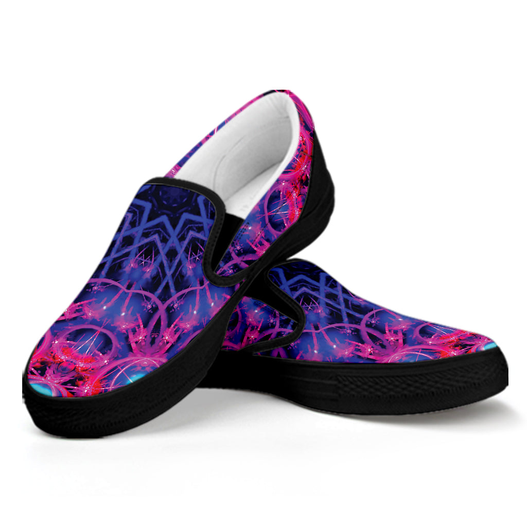 Purple And Blue Light Mandala Print Black Slip On Shoes