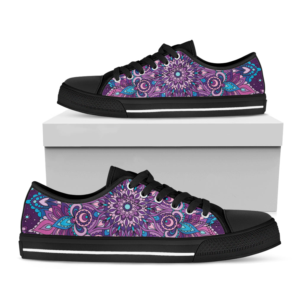 Purple And Blue Mandala Print Black Low Top Shoes 