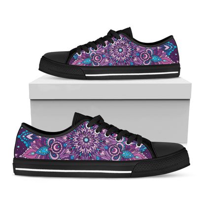 Purple And Blue Mandala Print Black Low Top Shoes 
