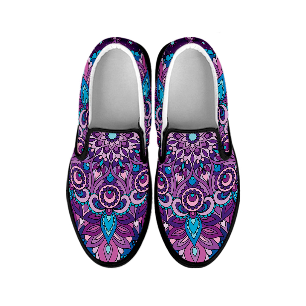 Purple And Blue Mandala Print Black Slip On Shoes