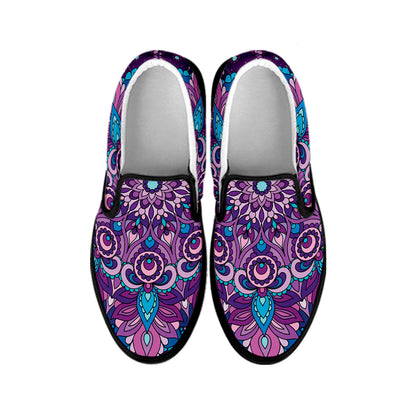Purple And Blue Mandala Print Black Slip On Shoes