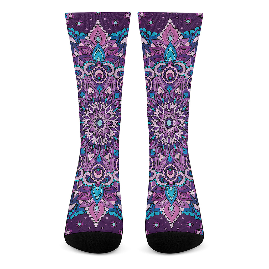Purple And Blue Mandala Print Crew Socks