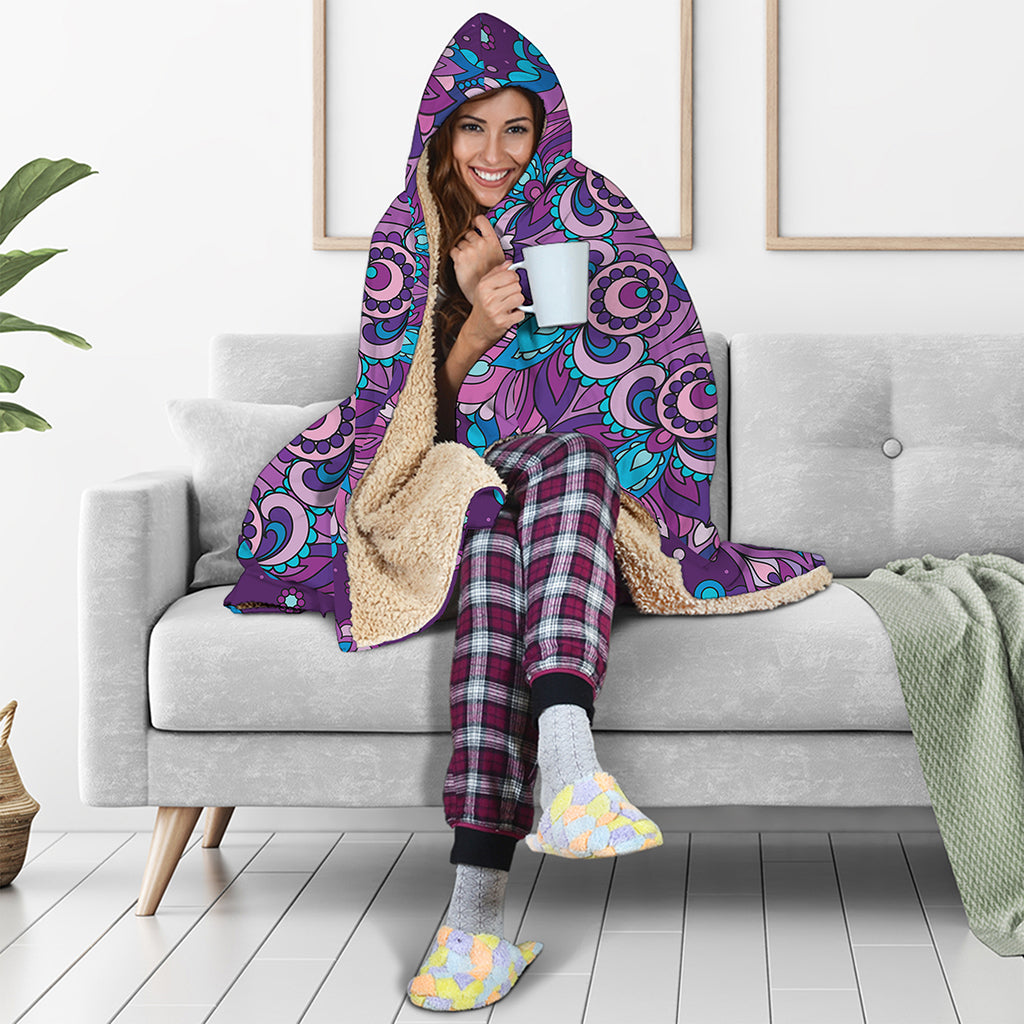 Purple And Blue Mandala Print Hooded Blanket