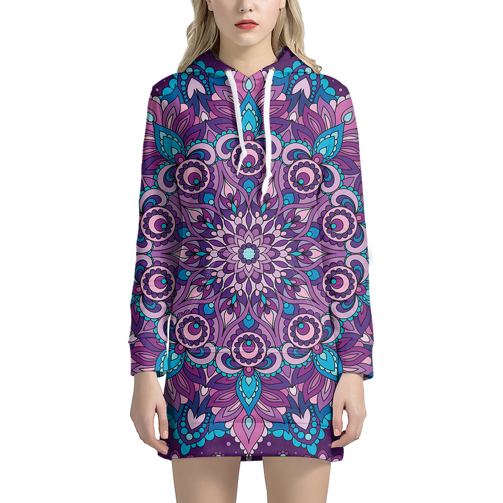 Purple And Blue Mandala Print Pullover Hoodie Dress