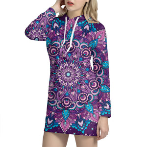 Purple And Blue Mandala Print Pullover Hoodie Dress