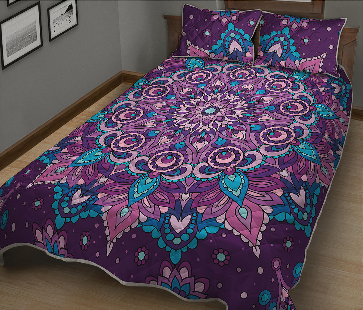 Purple And Blue Mandala Print Quilt Bed Set