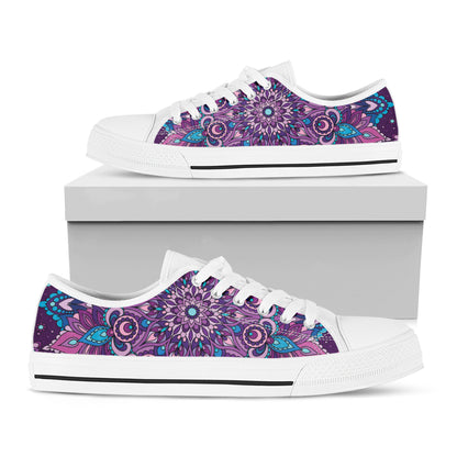 Purple And Blue Mandala Print White Low Top Shoes