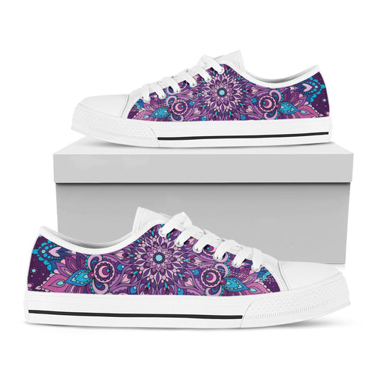 Purple And Blue Mandala Print White Low Top Shoes