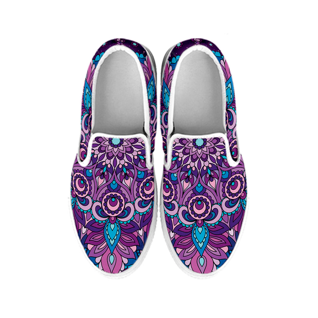 Purple And Blue Mandala Print White Slip On Shoes