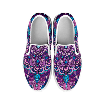 Purple And Blue Mandala Print White Slip On Shoes