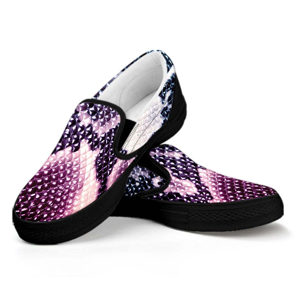 Purple And Blue Snakeskin Print Black Slip On Shoes