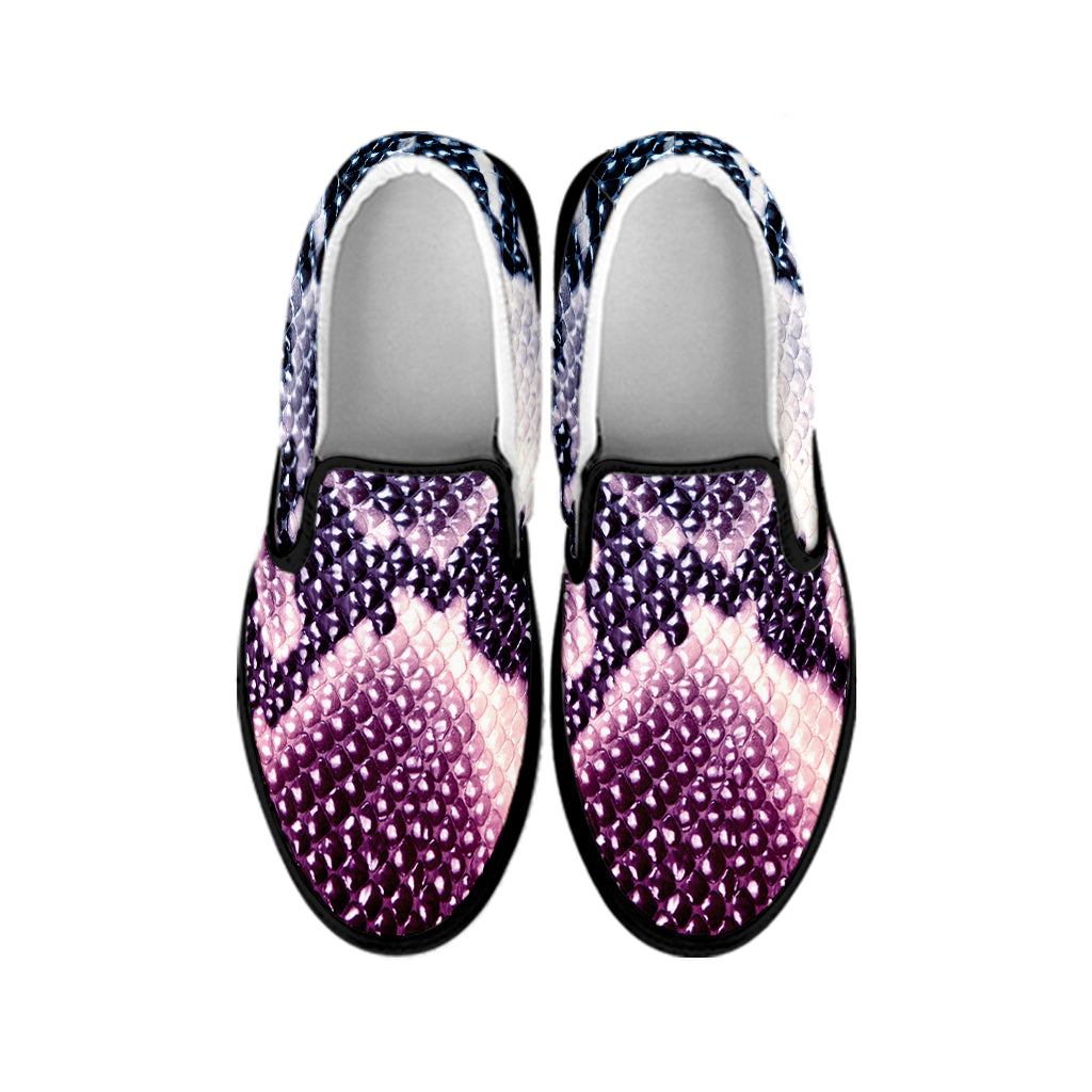Purple And Blue Snakeskin Print Black Slip On Shoes
