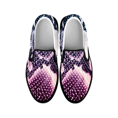 Purple And Blue Snakeskin Print Black Slip On Shoes
