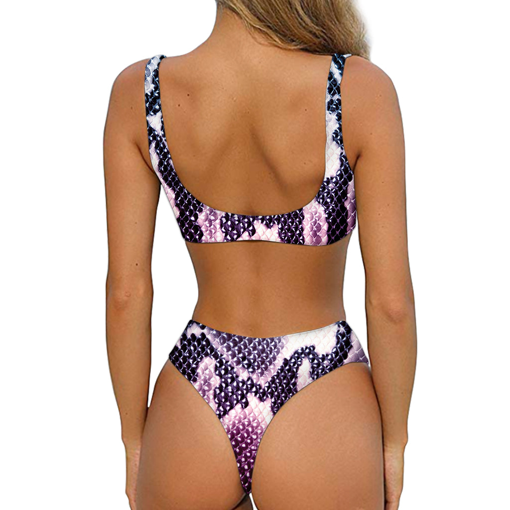 Purple And Blue Snakeskin Print Front Bow Tie Bikini