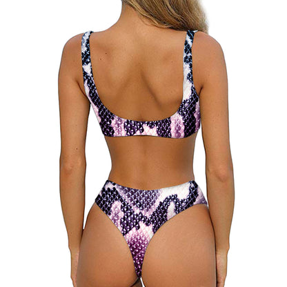 Purple And Blue Snakeskin Print Front Bow Tie Bikini