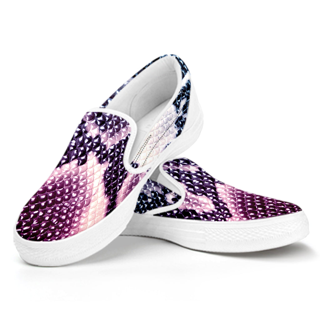 Purple And Blue Snakeskin Print White Slip On Shoes