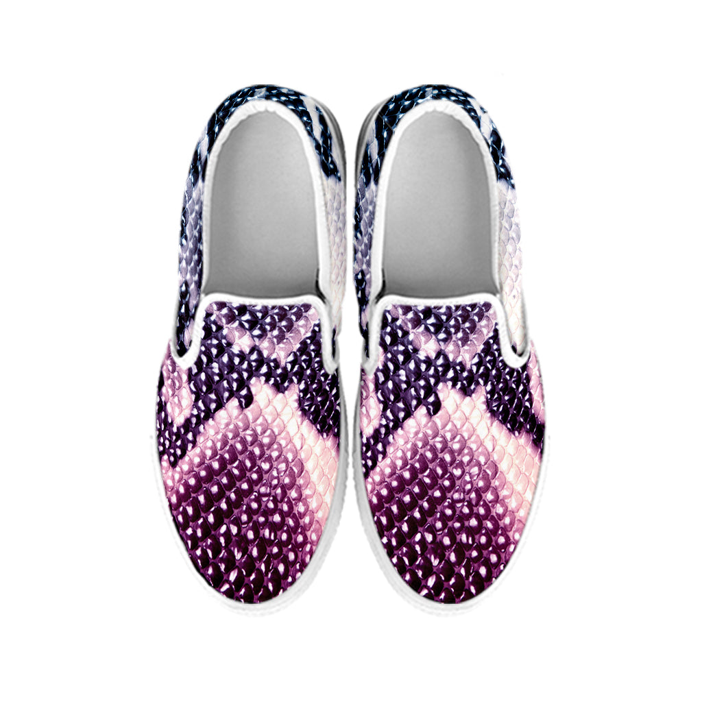 Purple And Blue Snakeskin Print White Slip On Shoes